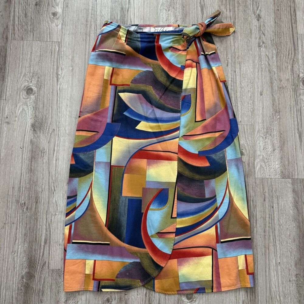 VTG 90s D'Carlo Abstract Cubist Art Geometric Wrap Midi Skirt Colorful M Coastal